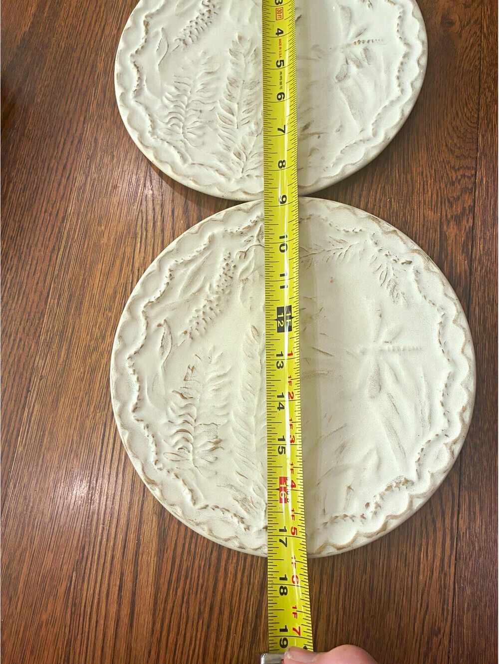 Set of 2 Beige Embossed Botanical Leaf Ceramic Plates Made in Portugal 11 in